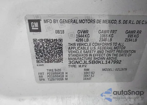 2019 Chevrolet Trax Lt from USA, damaged, VIN 3GNCJLSB0KL147992